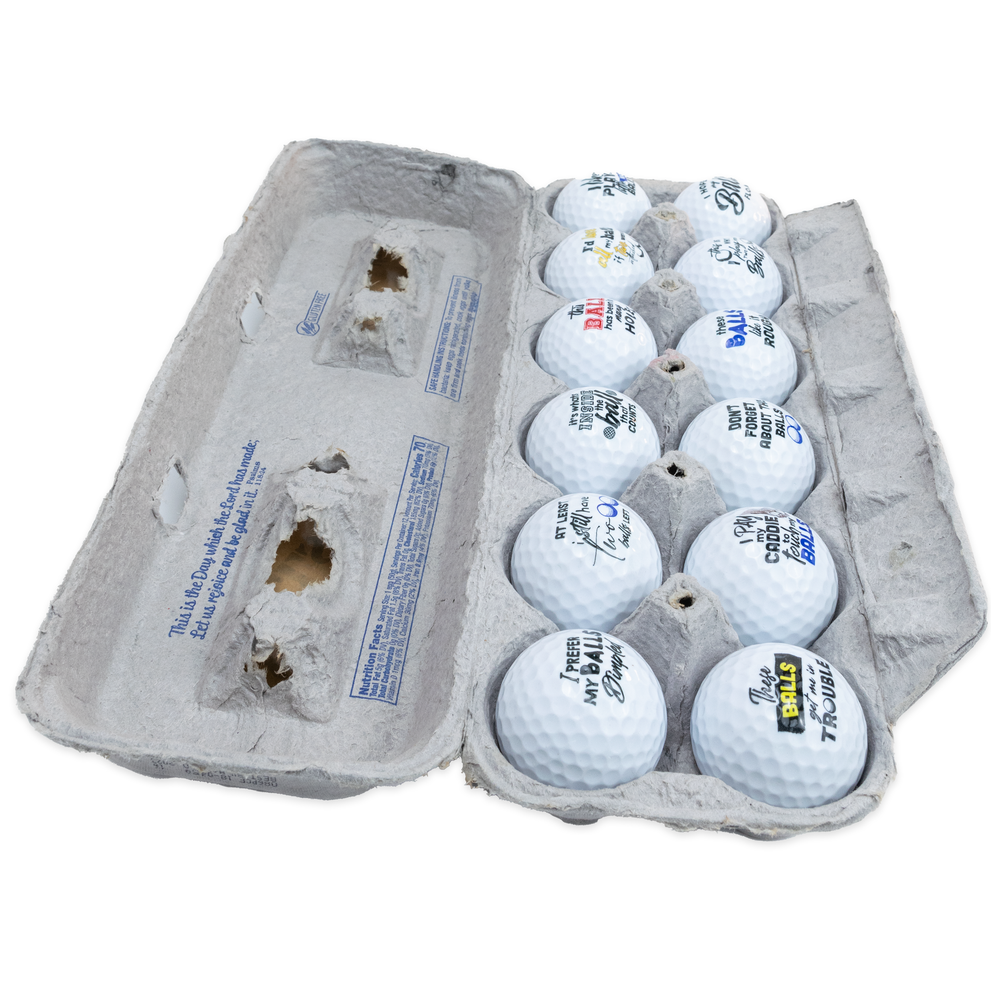 Naughty Balls, Golf Jokes Printed on Golf Balls, Egg Carton Packaging