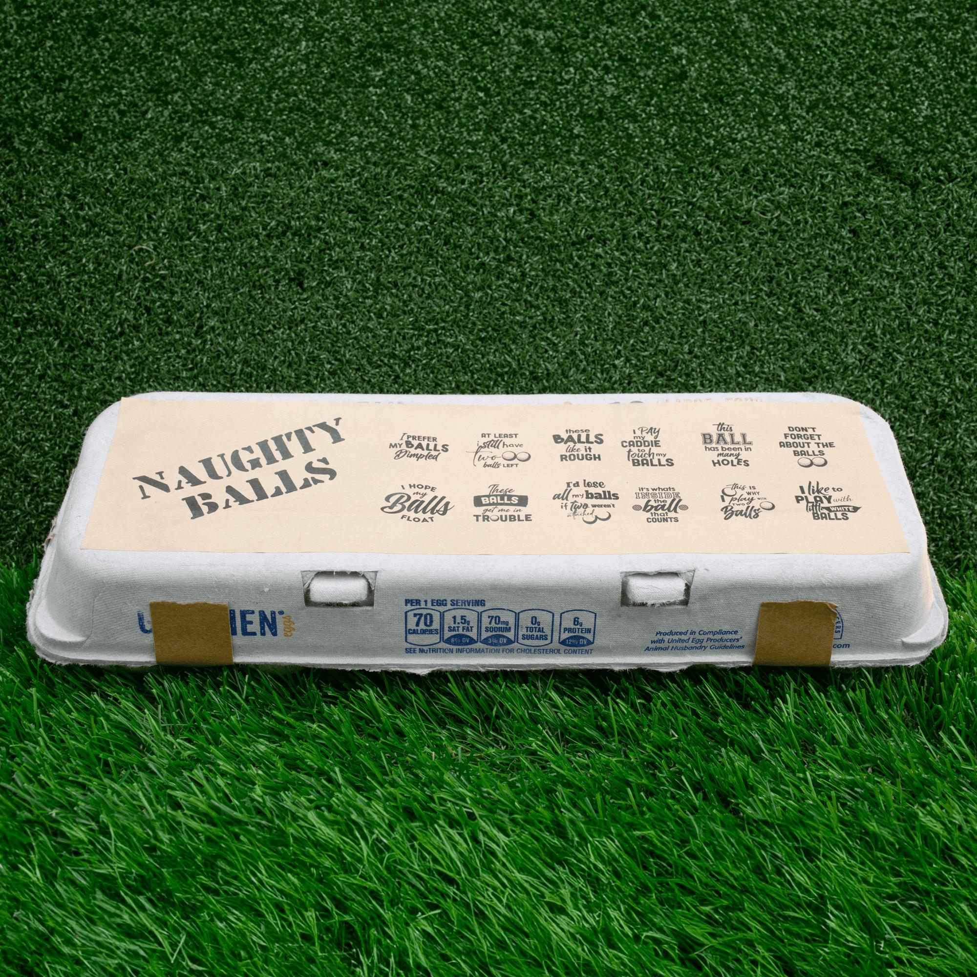 Naughty Balls, Golf Jokes Printed on Golf Balls, Egg Carton Packaging