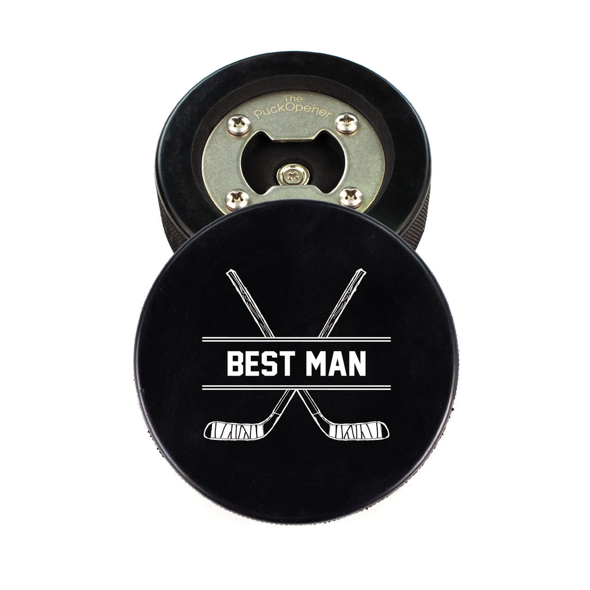 Hockey Puck Bottle Opener with Best Man Hockey Stick Design
