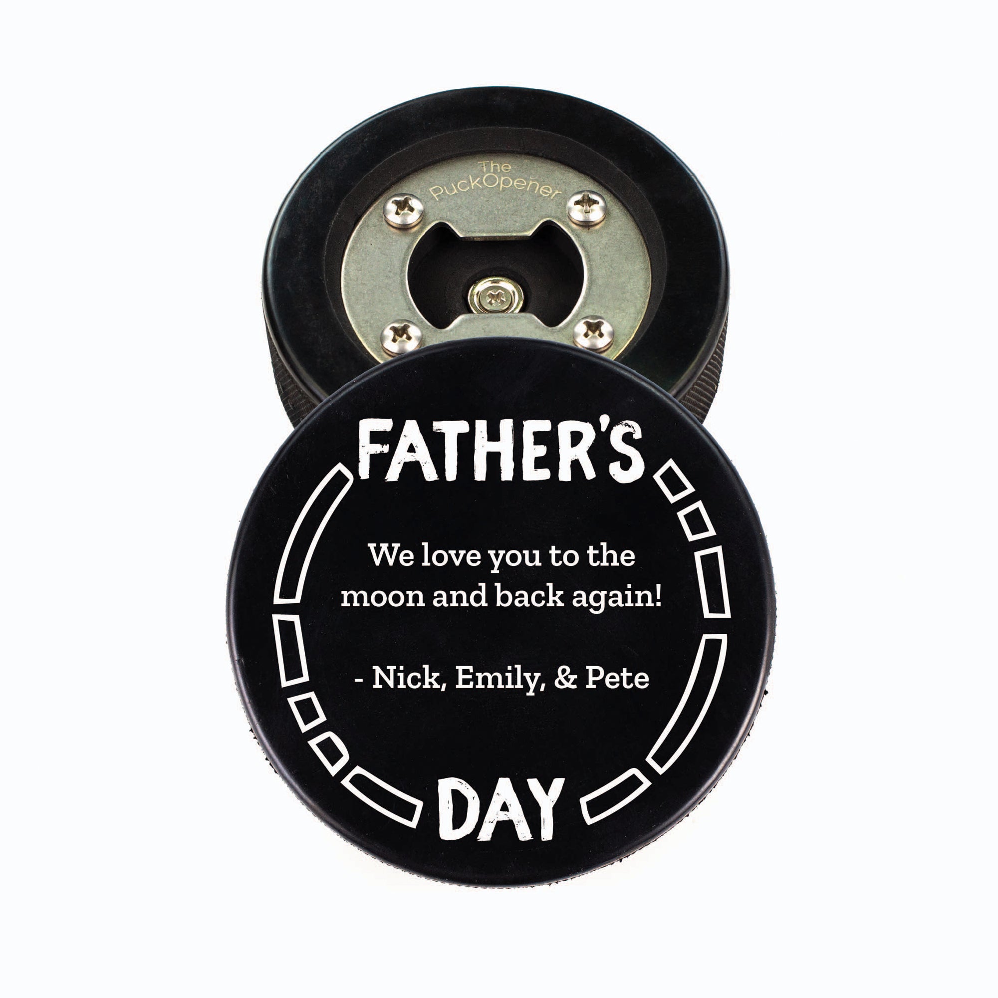 Hockey Puck Bottle Opener, Super Dad Photo