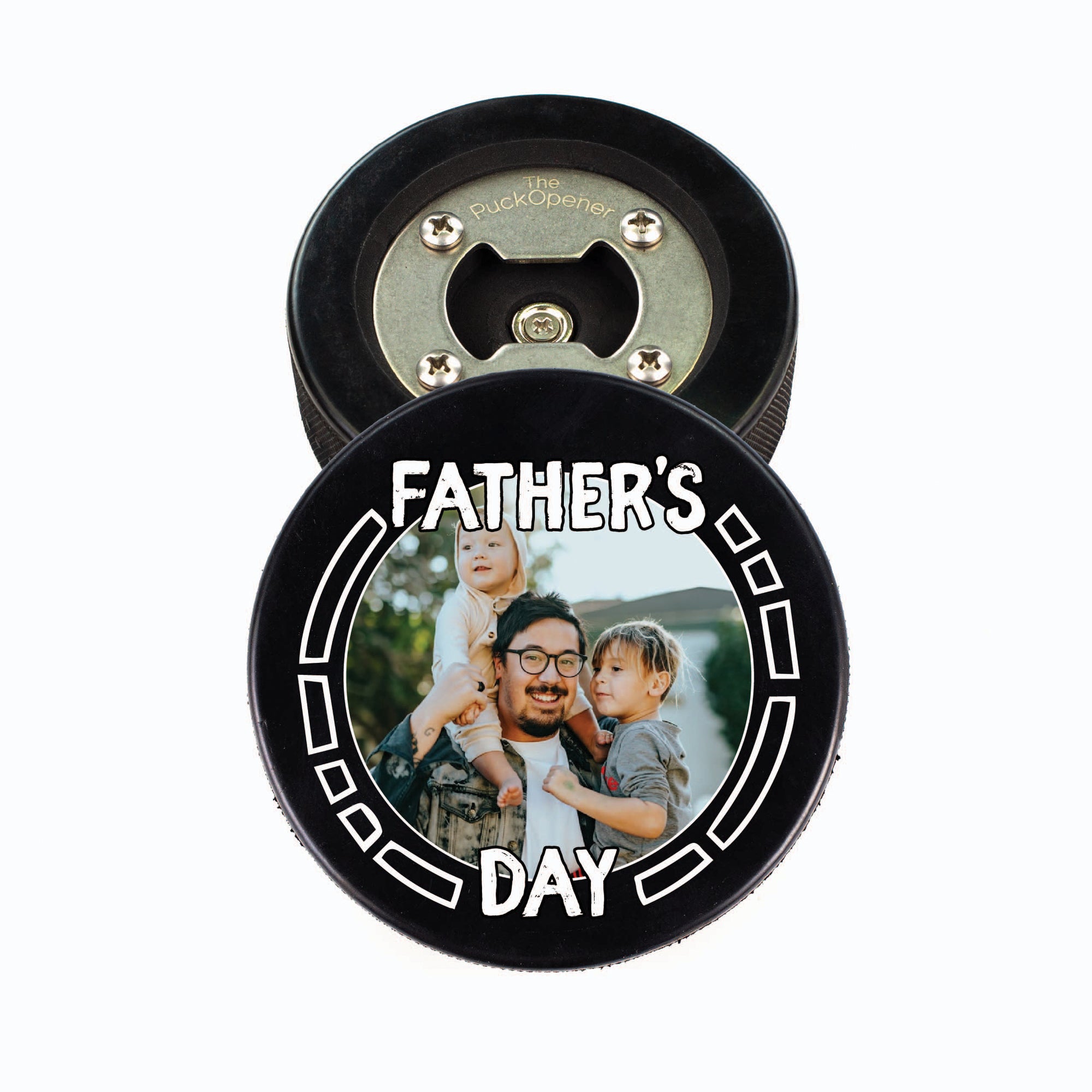 Hockey Puck Bottle Opener, Super Dad Photo