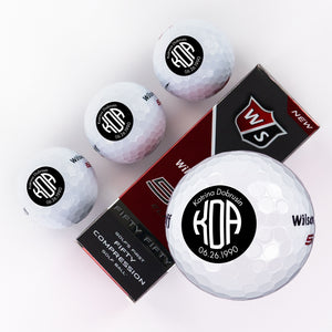 Three Piece Golf Balls with Black Circle Monogram, Name, and Birth Date Design