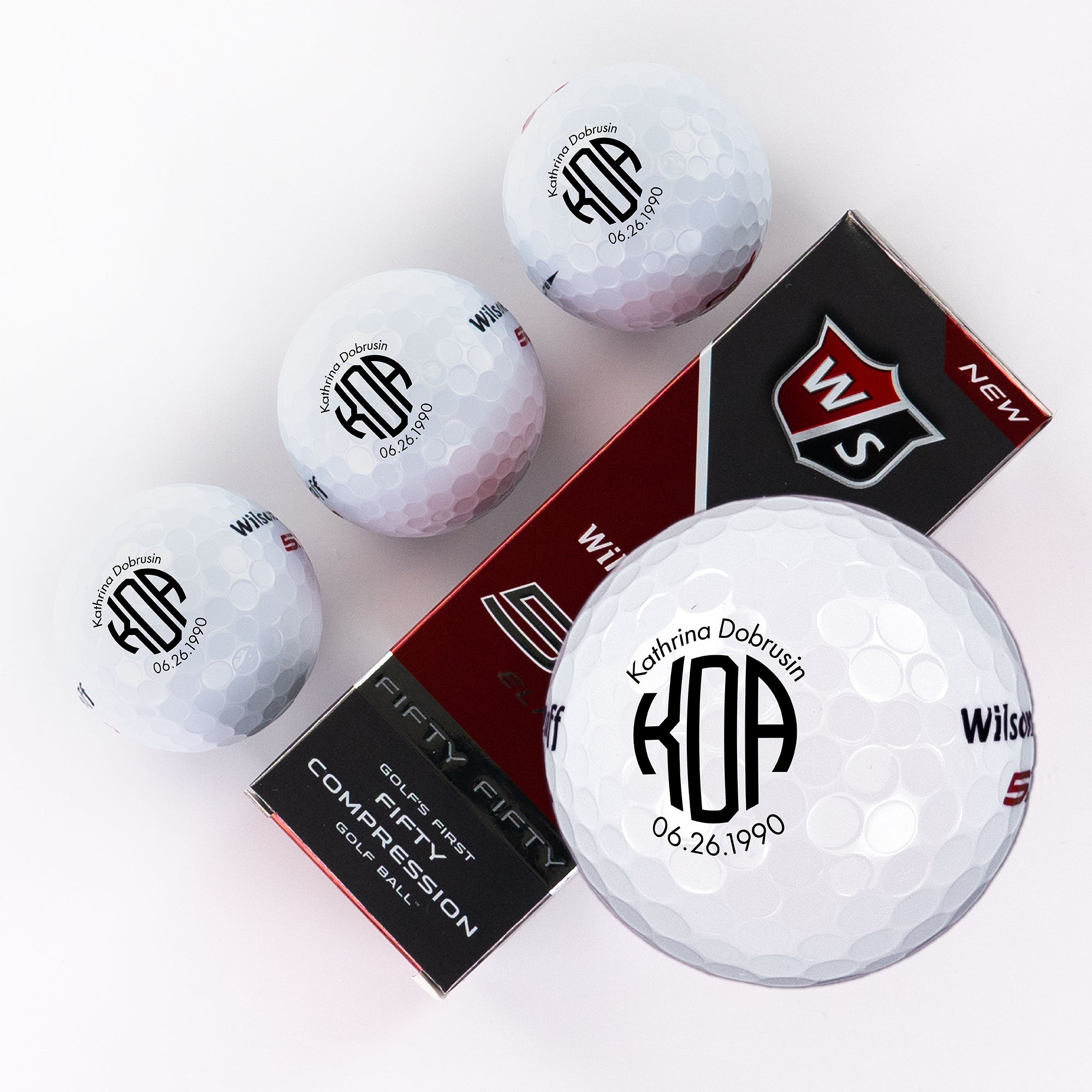 Three Piece Golf Balls with Circle Monogram, Name, and Birth Date Design