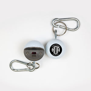 Golf Bottle Opener with Black Circle Monogram, Name, and Birthday Design