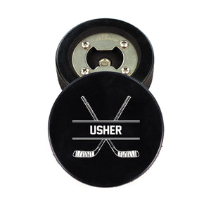 Hockey Puck Bottle Opener with Usher Hockey Stick Design