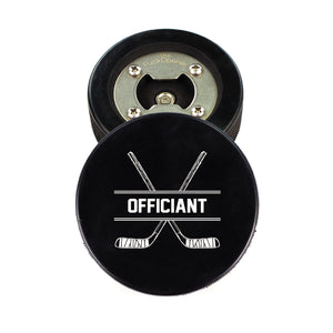 Hockey Puck Bottle Opener with Officiant Hockey Stick Design