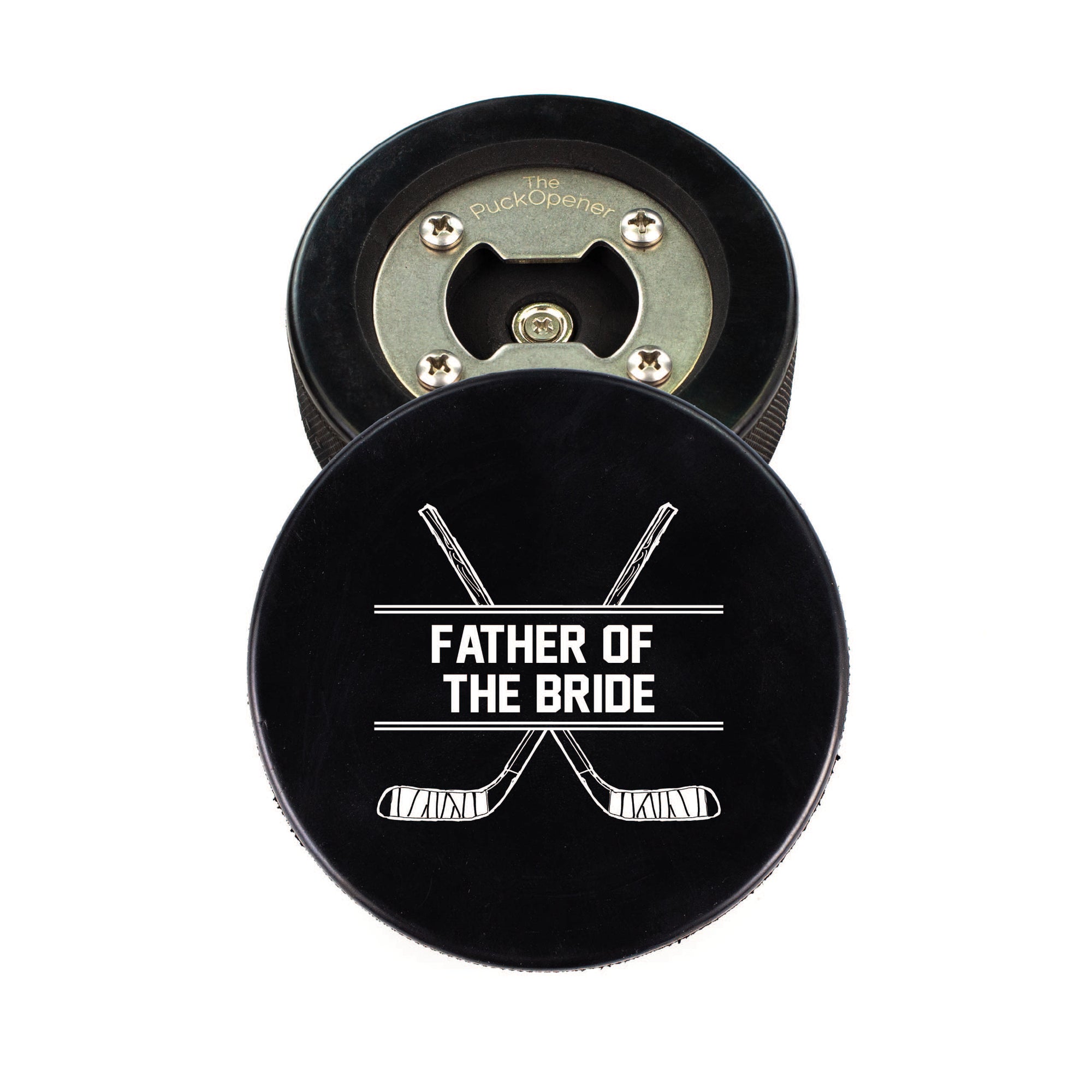 Hockey Puck Bottle Opener with Father of the Bride Hockey Stick Design