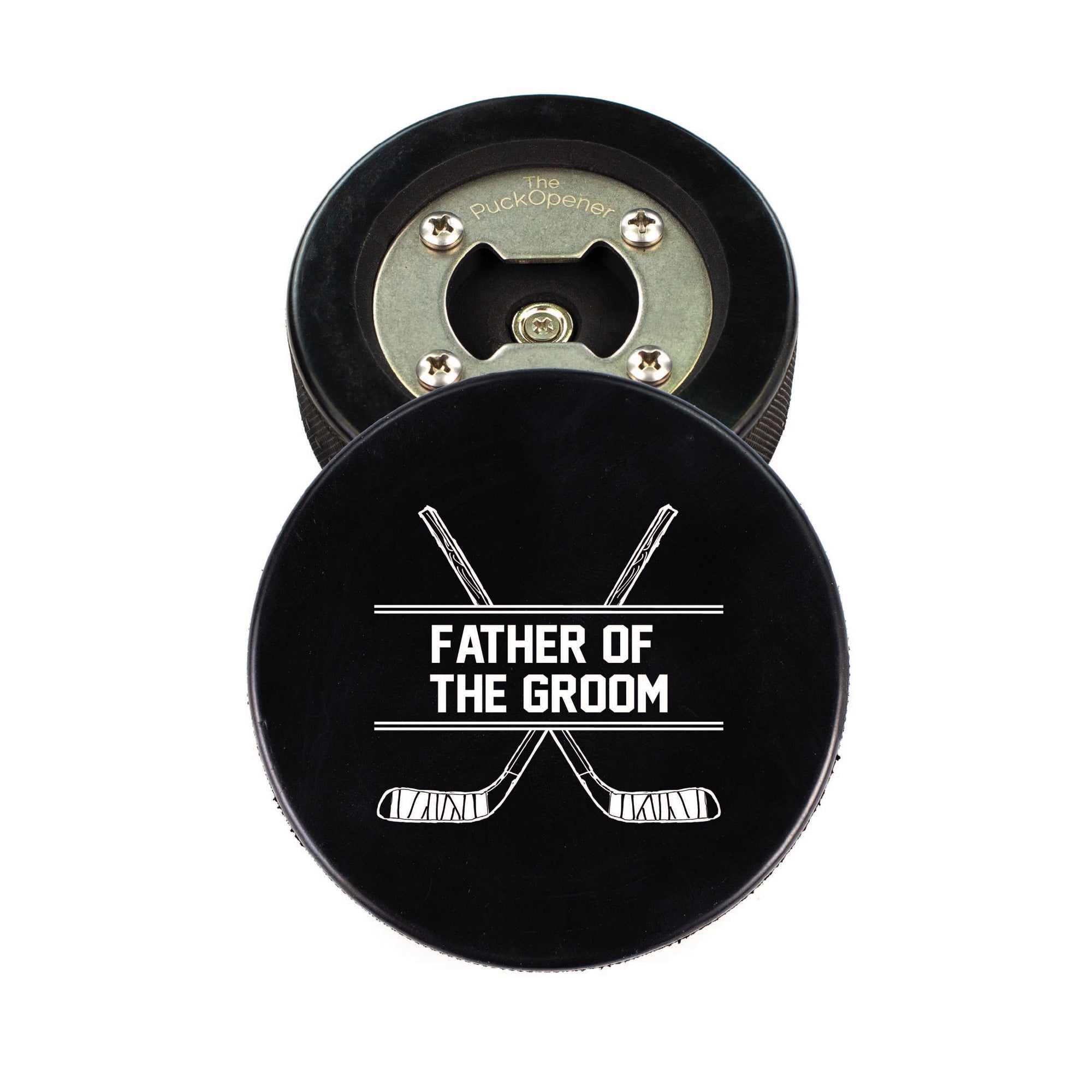 Hockey Puck Bottle Opener with Father of the Groom Hockey Stick Design