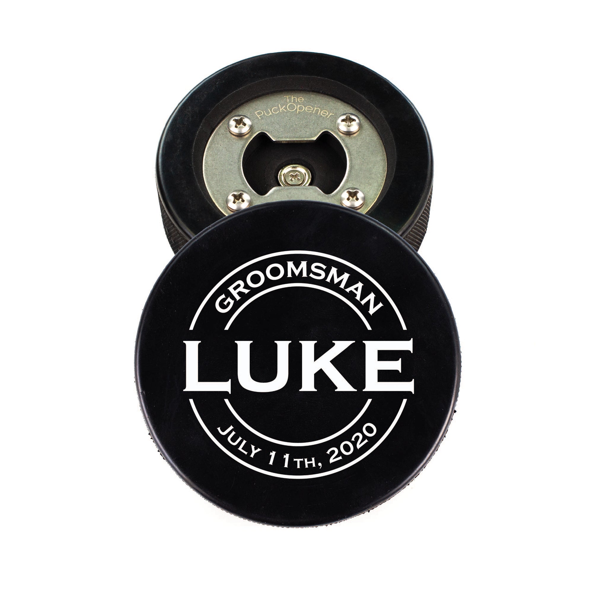 Hockey Puck Bottle Opener with Circle Personalization Text Design