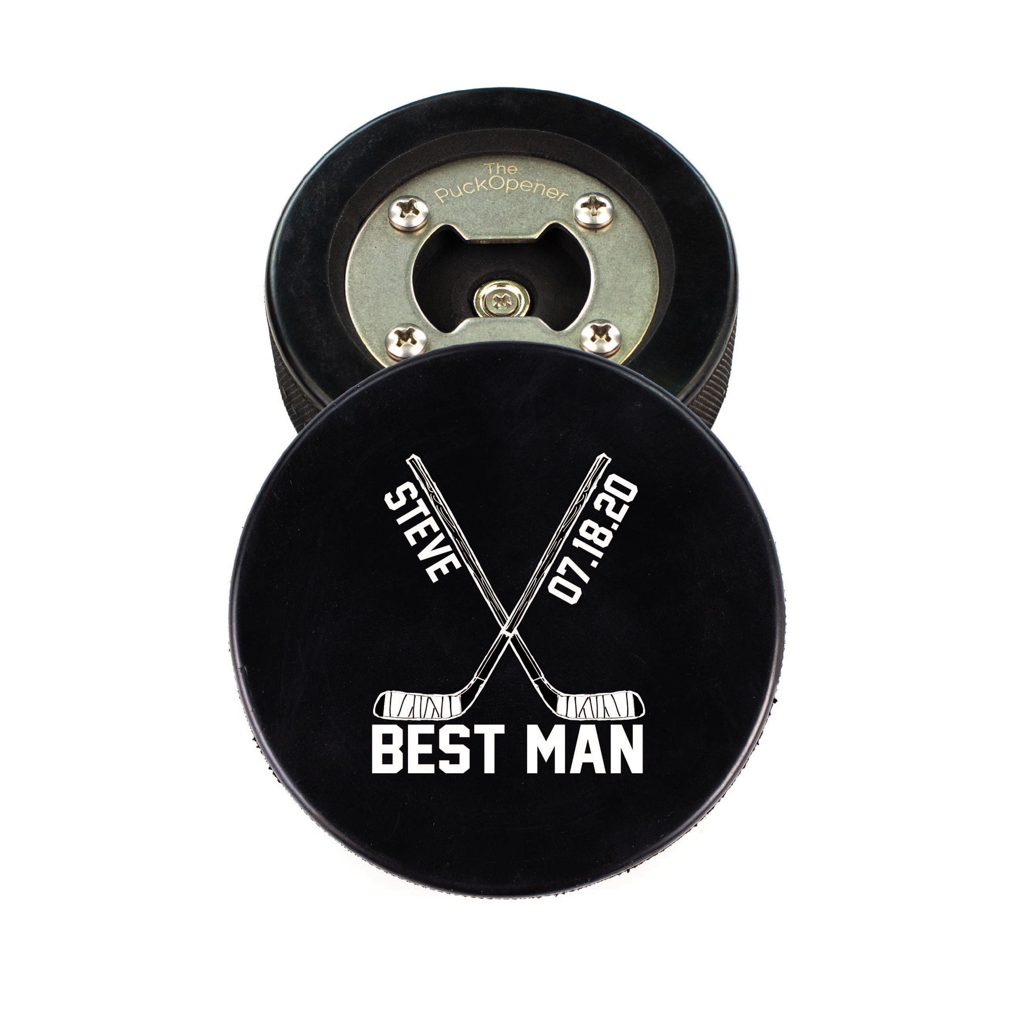 Hockey Puck Bottle Opener with Hockey Stick Personalization Text Design