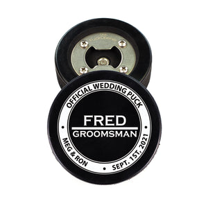 Hockey Puck Bottle Opener with Official Wedding Puck Personalization Text Design