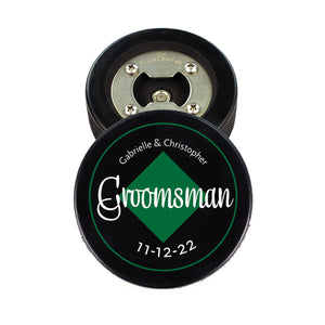 Hockey Puck Bottle Opener with Green Diamond Personalization Text Design