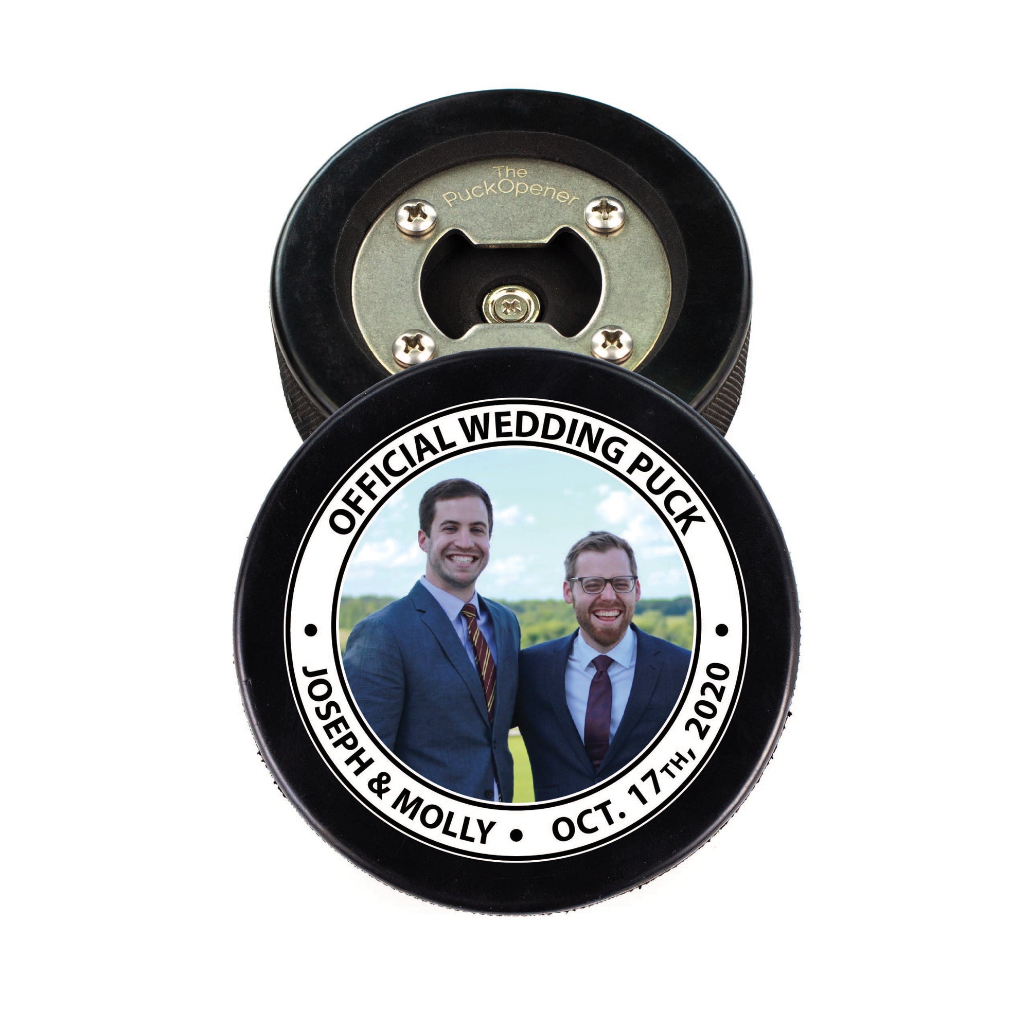 Hockey Puck Bottle Opener with Official Wedding Puck Photo Design