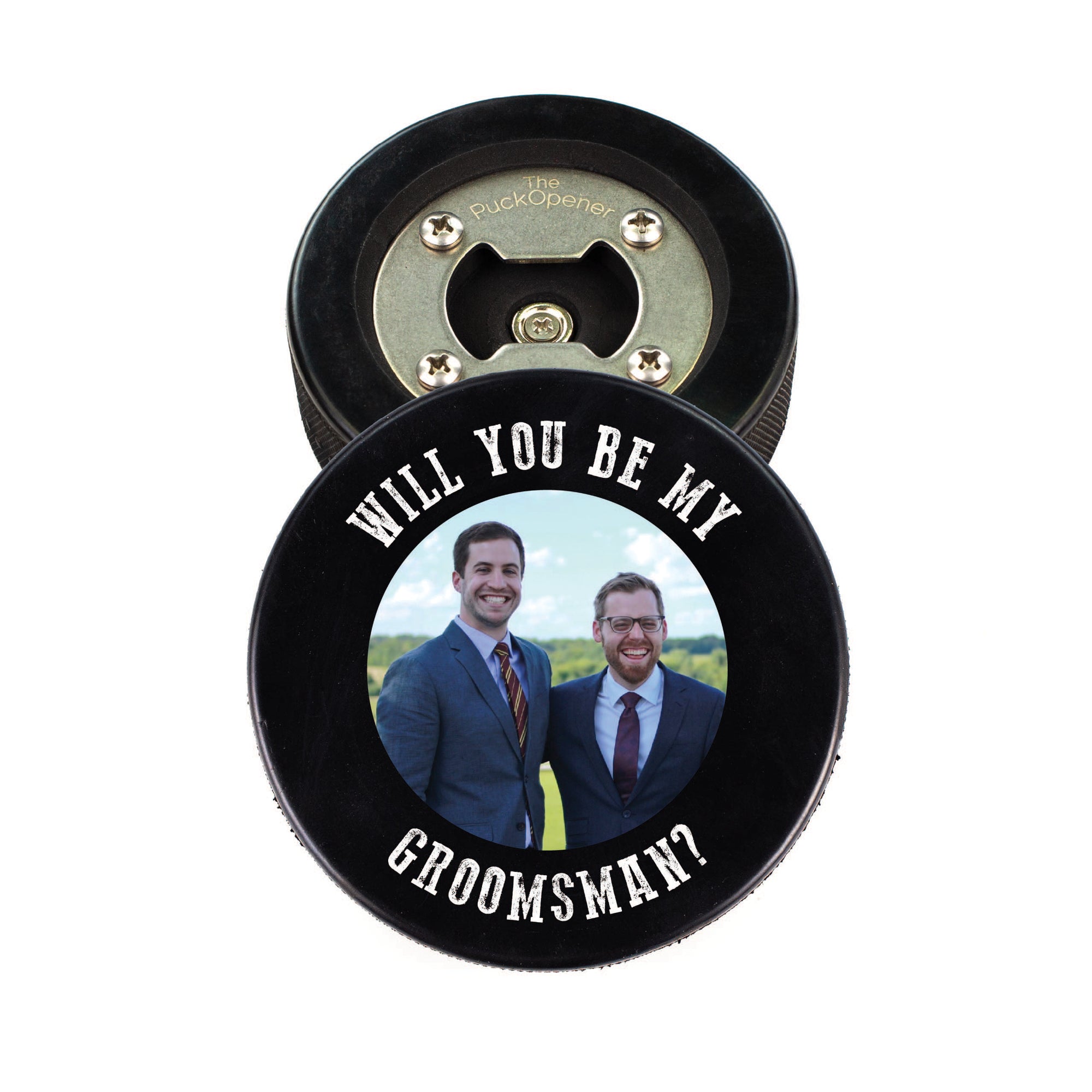 Hockey Puck Bottle Opener with Will You Be My Photo Design