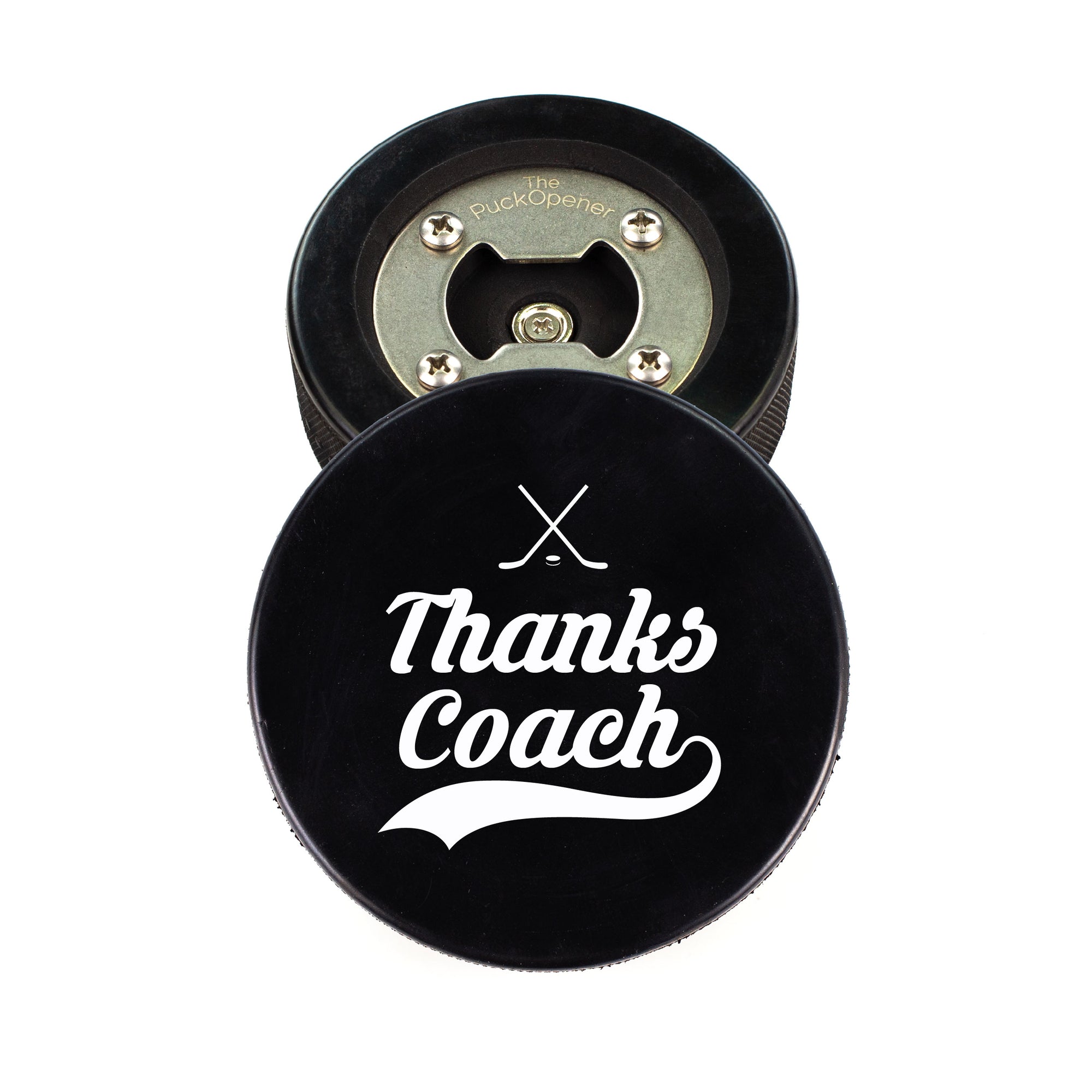 Hockey Puck Bottle Opener with Thanks Coach Design