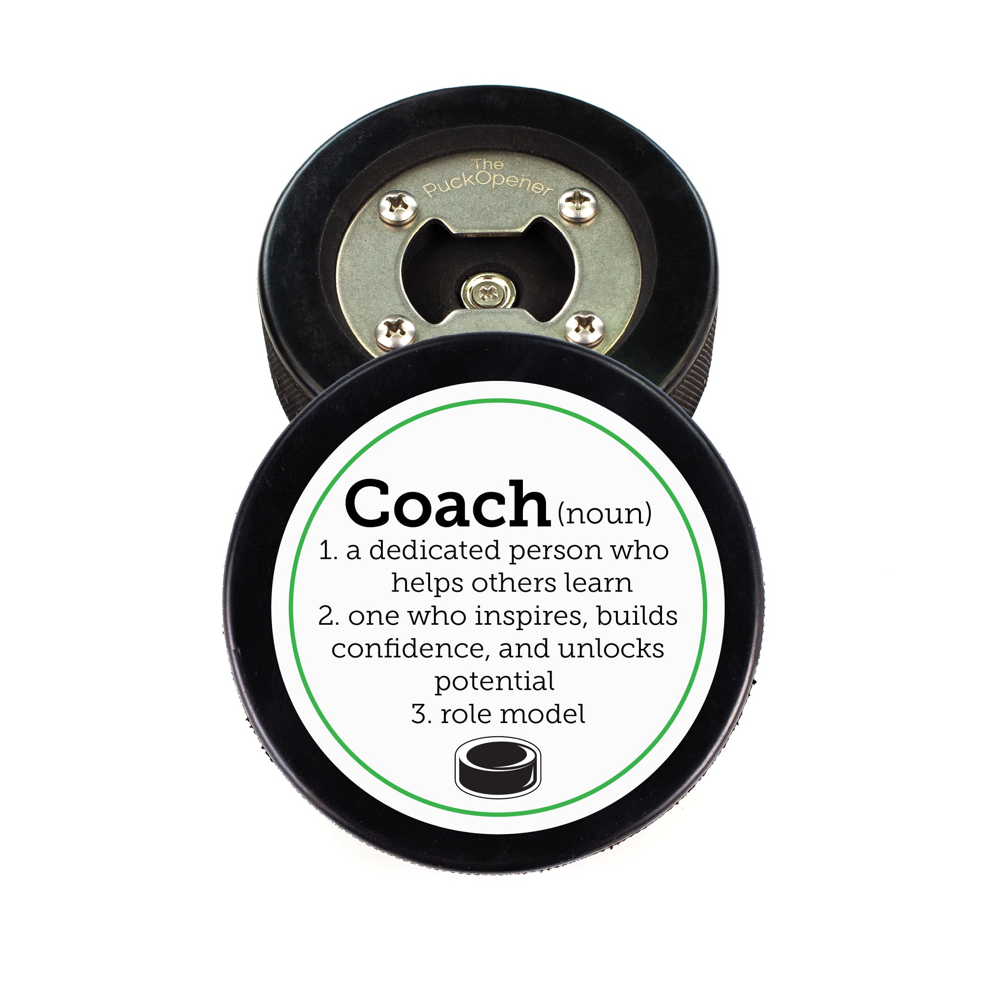 Hockey Puck Bottle Opener with Coach Definition Design