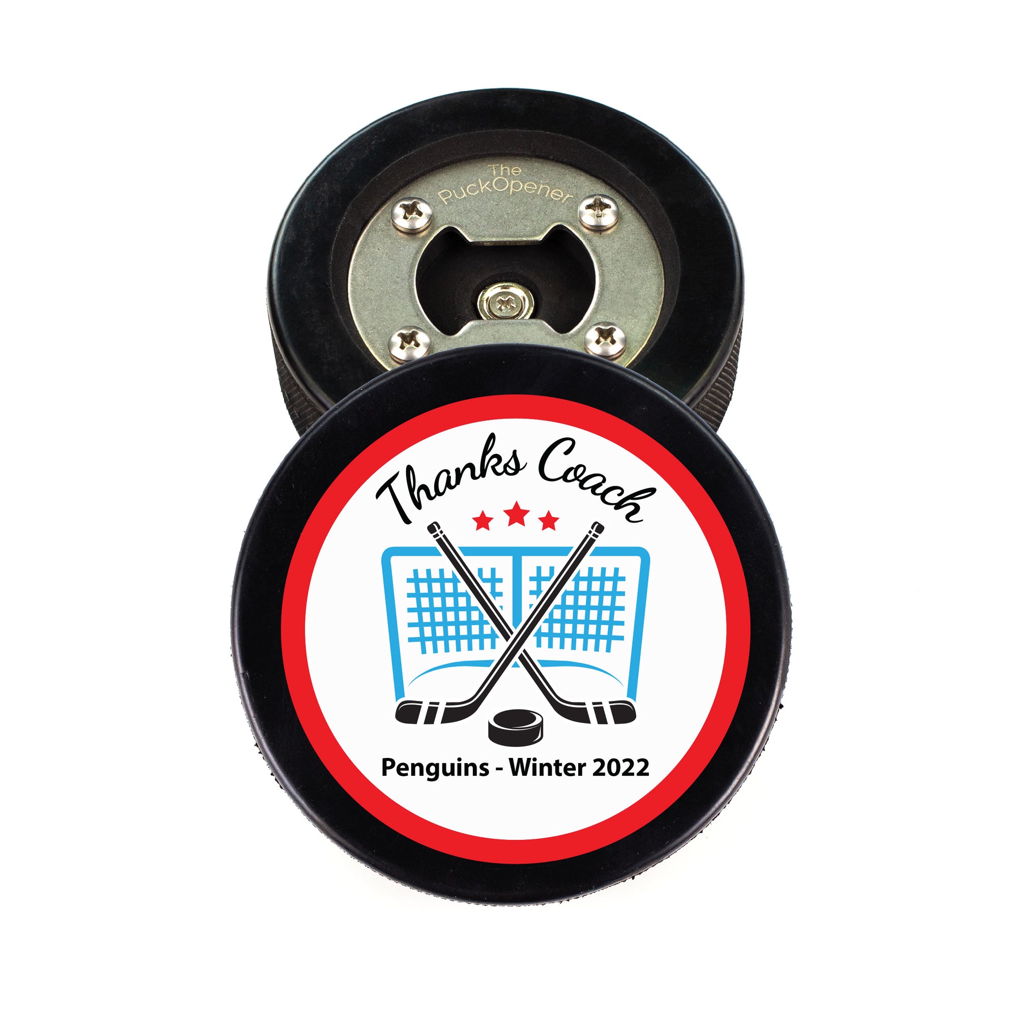 Hockey Puck Bottle Opener with Thanks Coach Personalization Design
