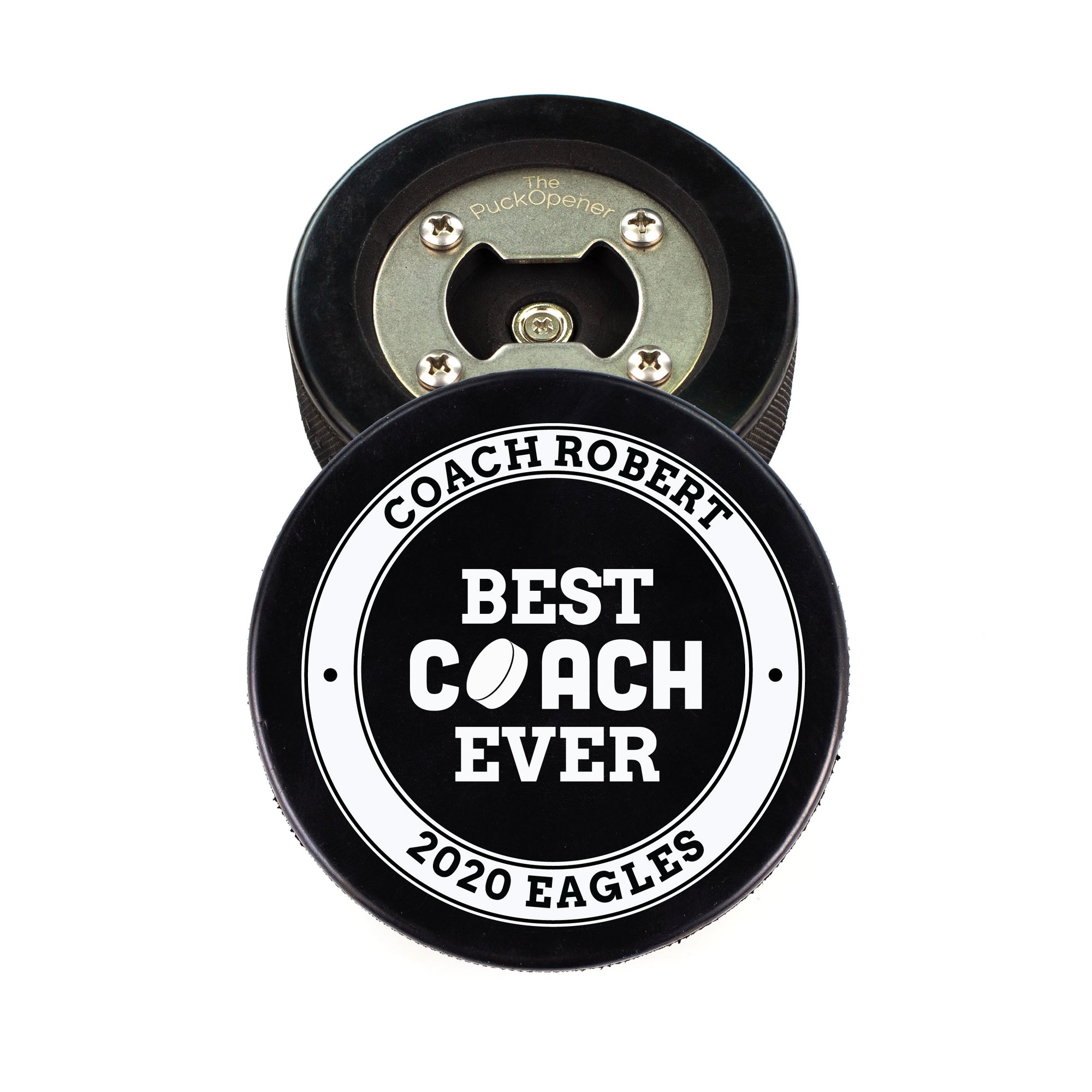 Hockey Puck Bottle Opener with Best Coach Ever Personalization Design