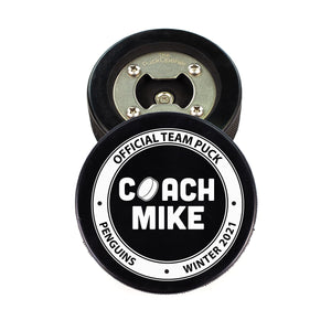 Hockey Puck Bottle Opener with Official Team Puck Personalization Design