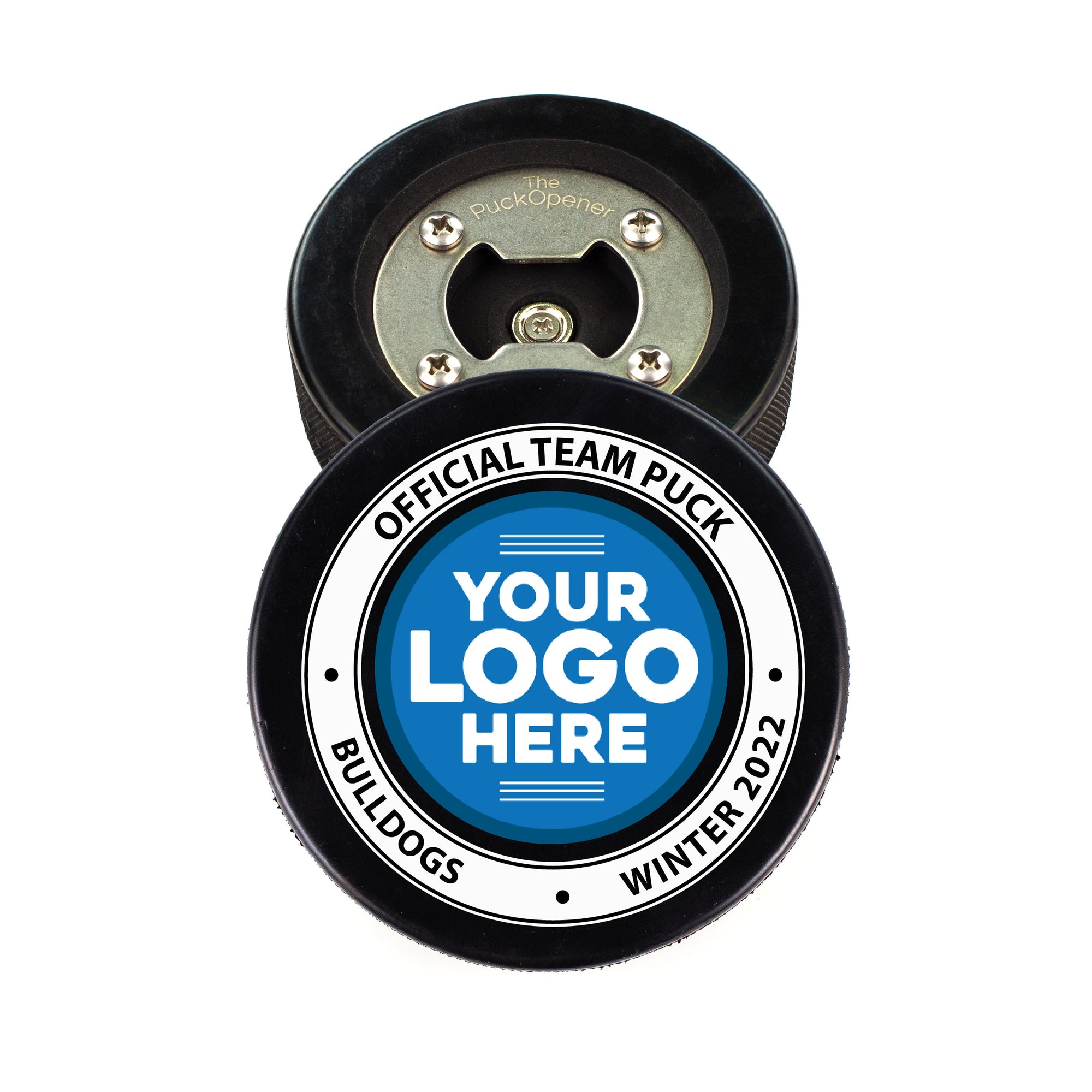 Hockey Puck Bottle Opener with Official Team Puck Logo Design