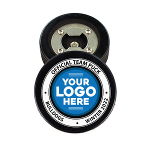 Hockey Puck Bottle Opener with Official Team Puck Logo Design