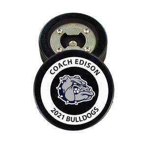 Hockey Puck Bottle Opener with Outline Circle Logo Design