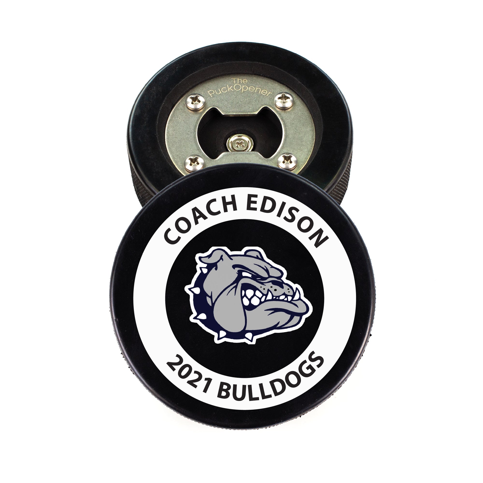 Hockey Puck Bottle Opener with Outline Circle Logo Design
