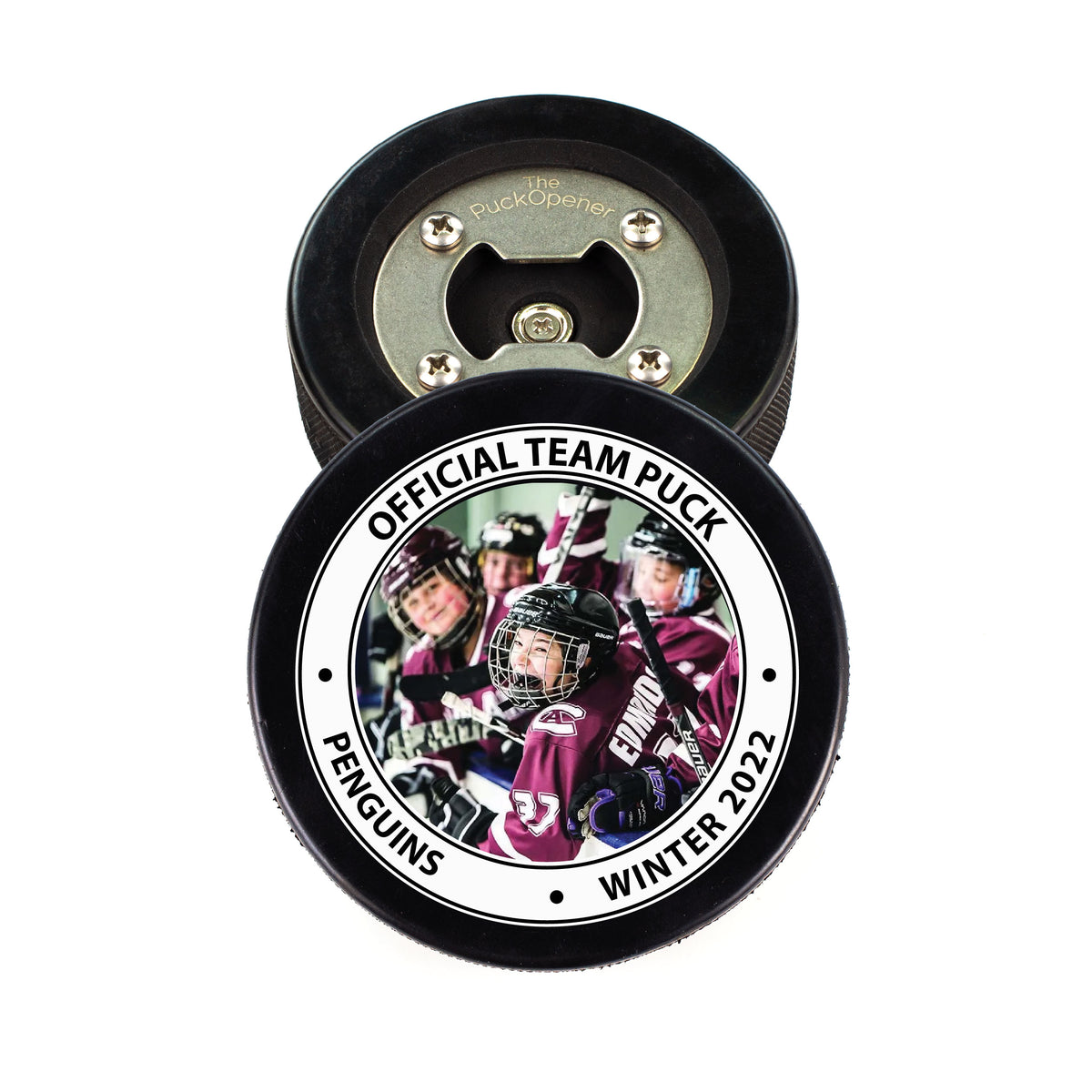 Hockey Puck Bottle Opener with Official Team Puck Logo Design