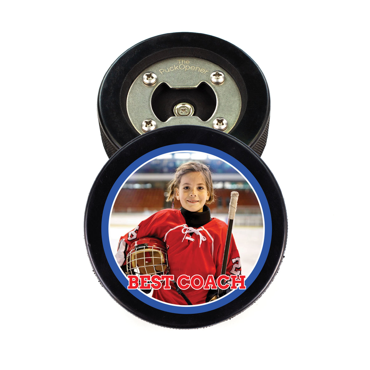 Hockey Puck Bottle Opener with Best Coach Photo Design