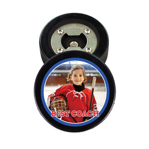 Hockey Puck Bottle Opener with Best Coach Photo Design