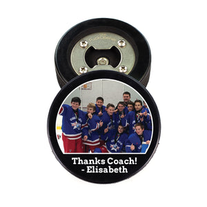 Hockey Puck Bottle Opener with Half Circle Photo Design