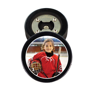 Hockey Puck Bottle Opener with Player Photo Design