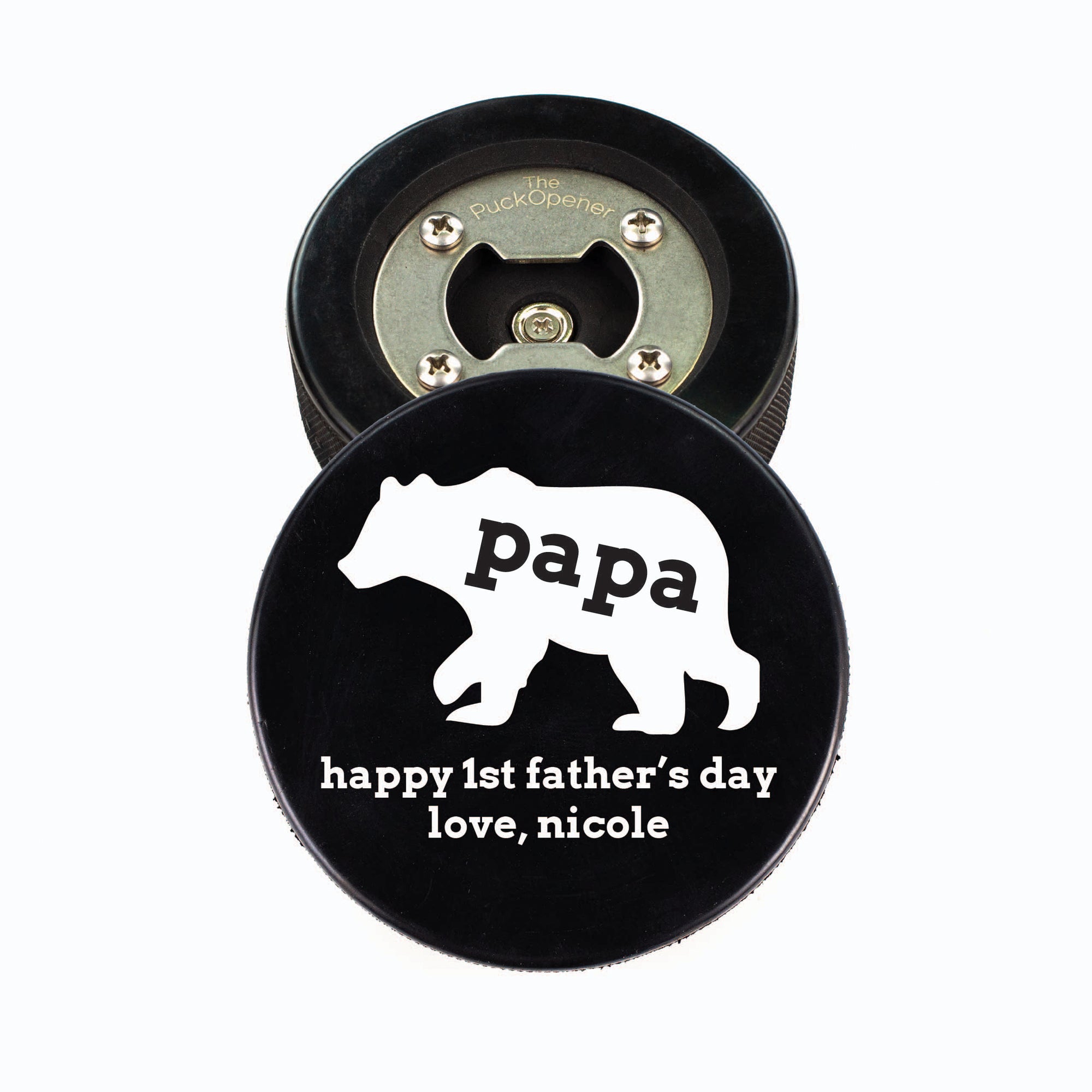 Hockey Puck Bottle Opener, Father's Day Geometric Personalize