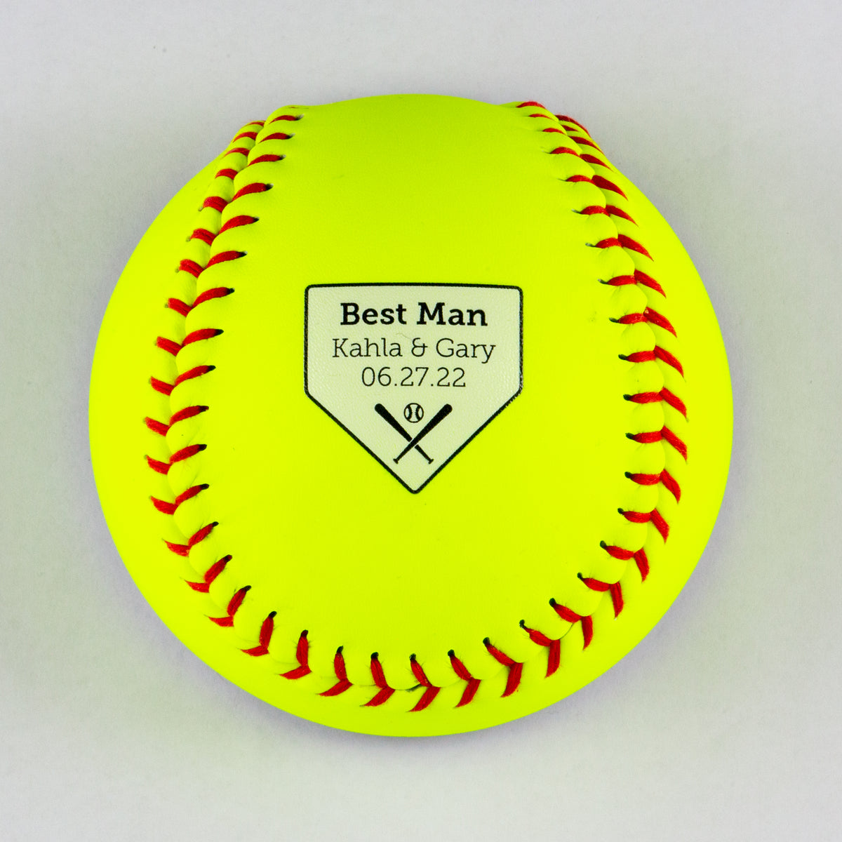 Softball Opener with Home Plate, Couple Names, Wedding Party Role, Wedding Date Design