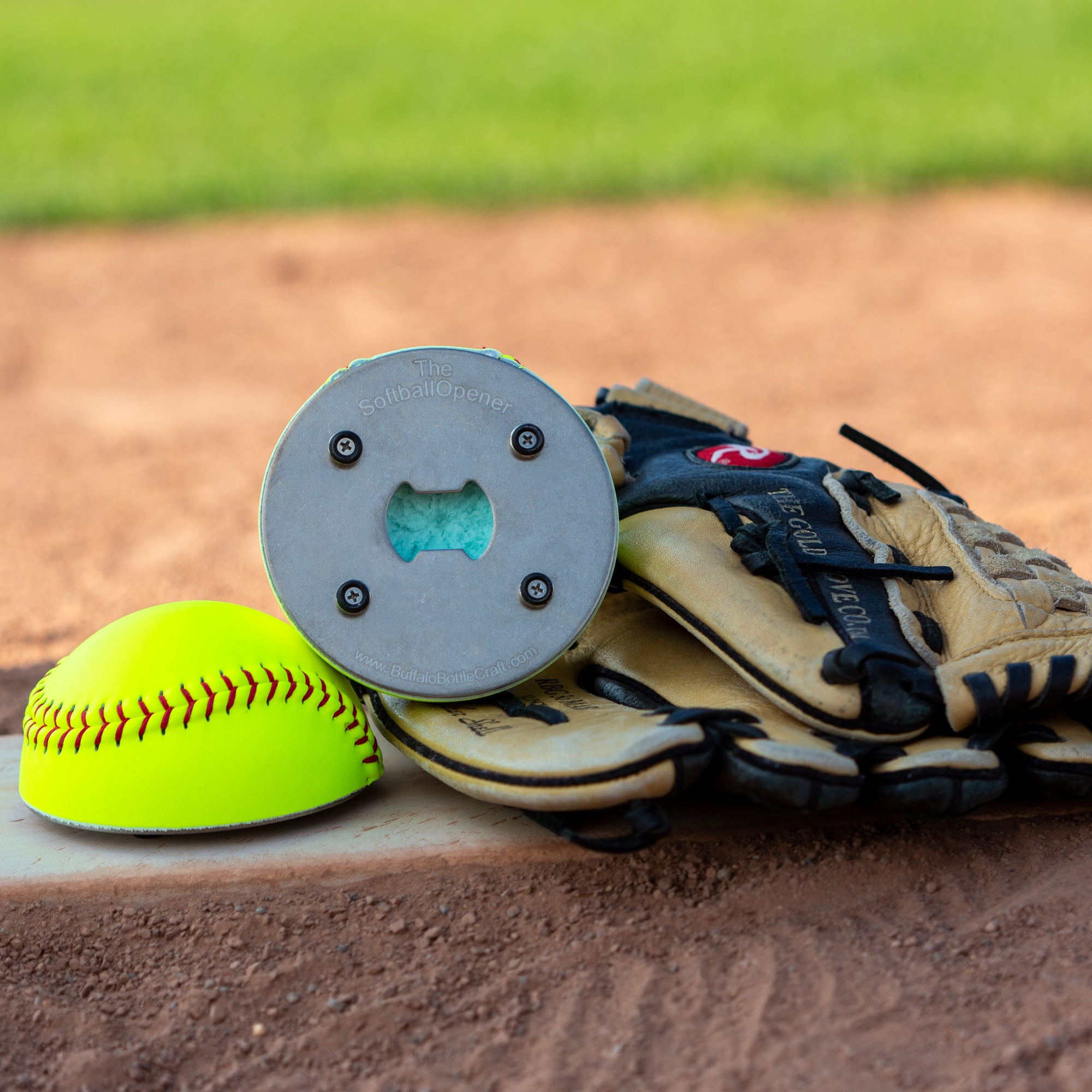 Softball Opener and Glove Resting on Plate