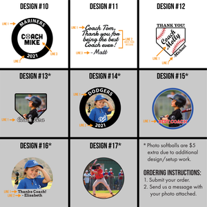 Printed Softball Coach Design Grid, Designs 10-17
