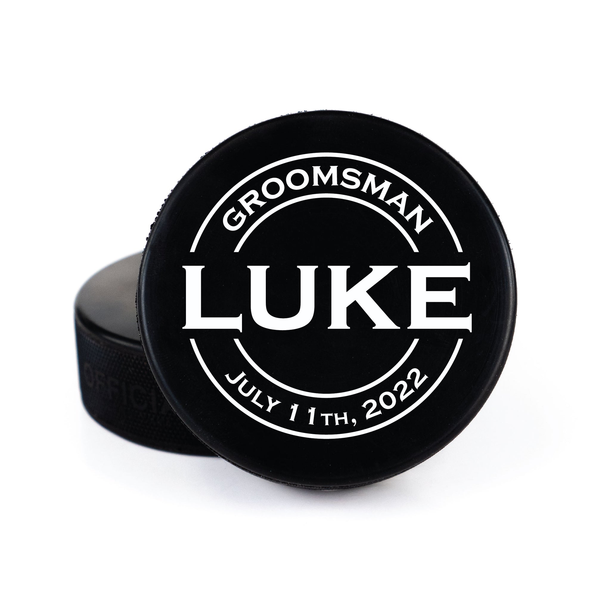 Printed Hockey Puck with Circle Name, Wedding Party Role, and Date Design
