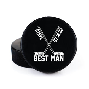 Printed Hockey Puck with Hockey Sticks Name, Wedding Party Role, and Date Design