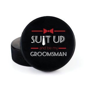Printed Hockey Puck with Suit Up Personalization Design