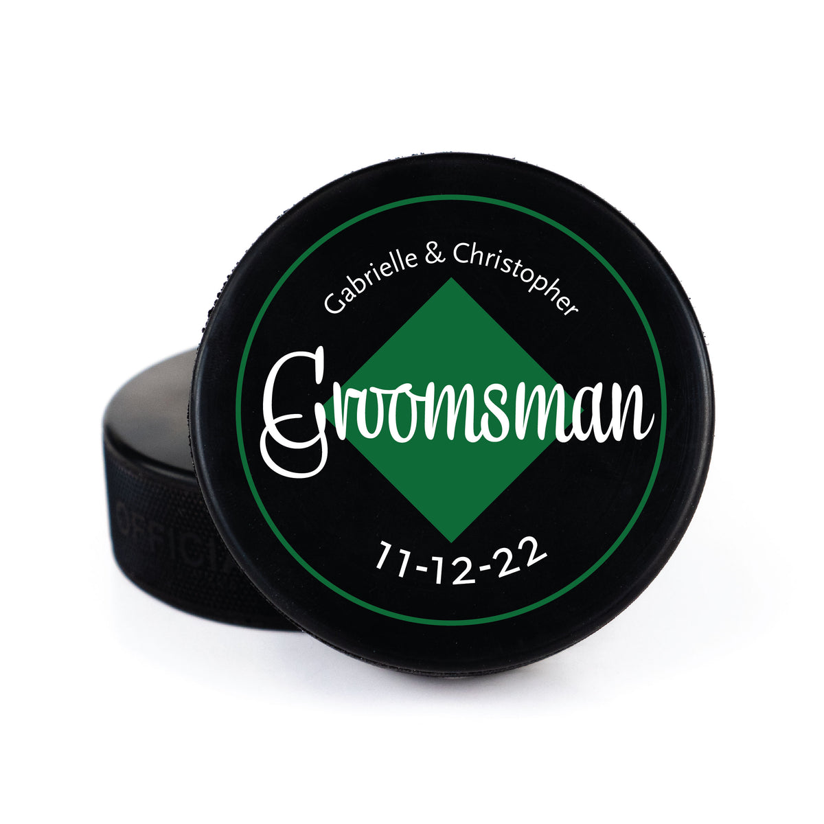 Printed Hockey Puck with Diamond Name, Wedding Party Role, and Date Design