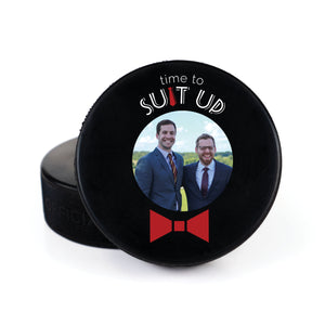 Printed Hockey Puck with Suit Up Photo Design