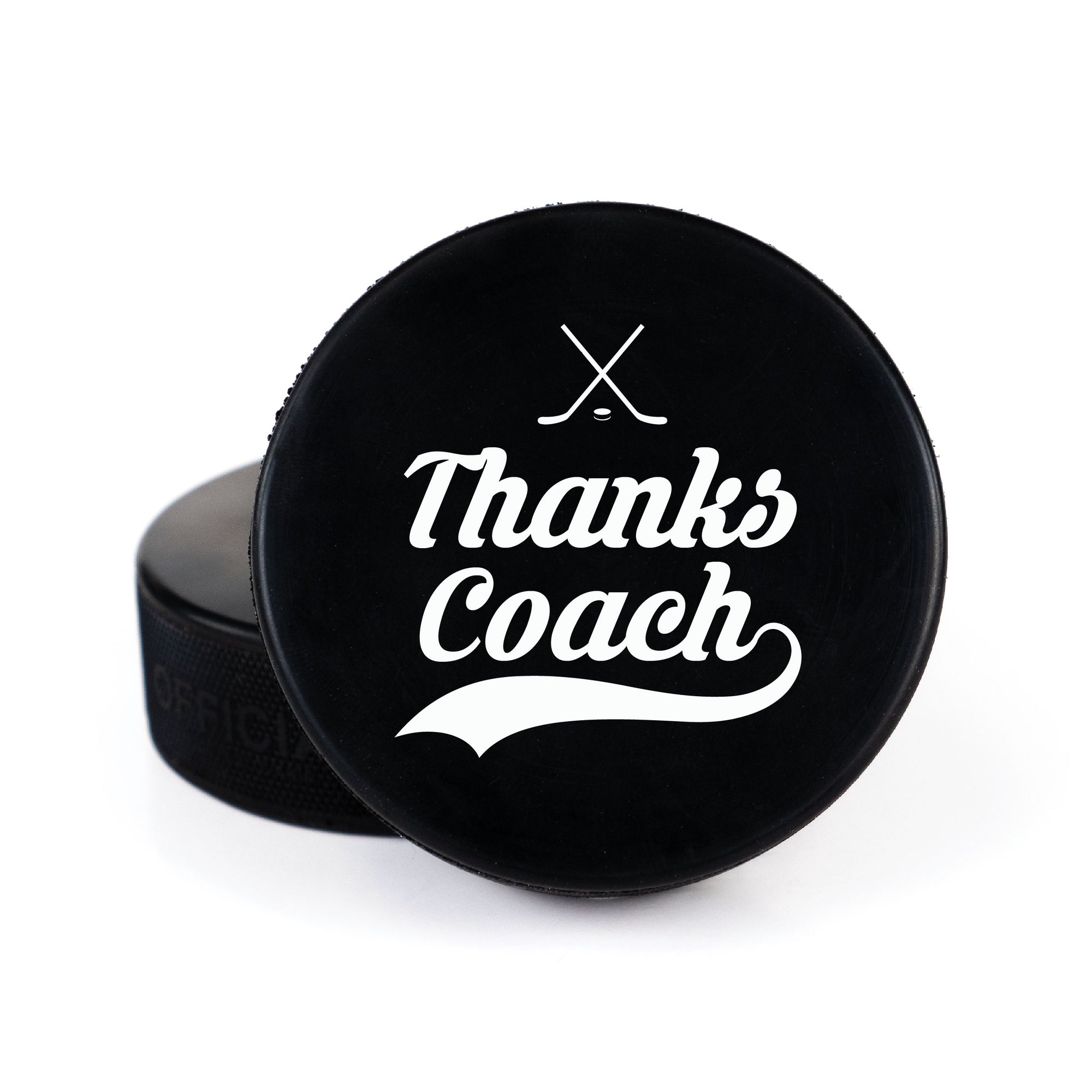 Printed Hockey Puck with Thanks Coach Hockey Sticks Design