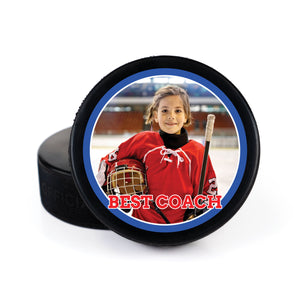 Printed Hockey Puck with Best Coach Photo Design