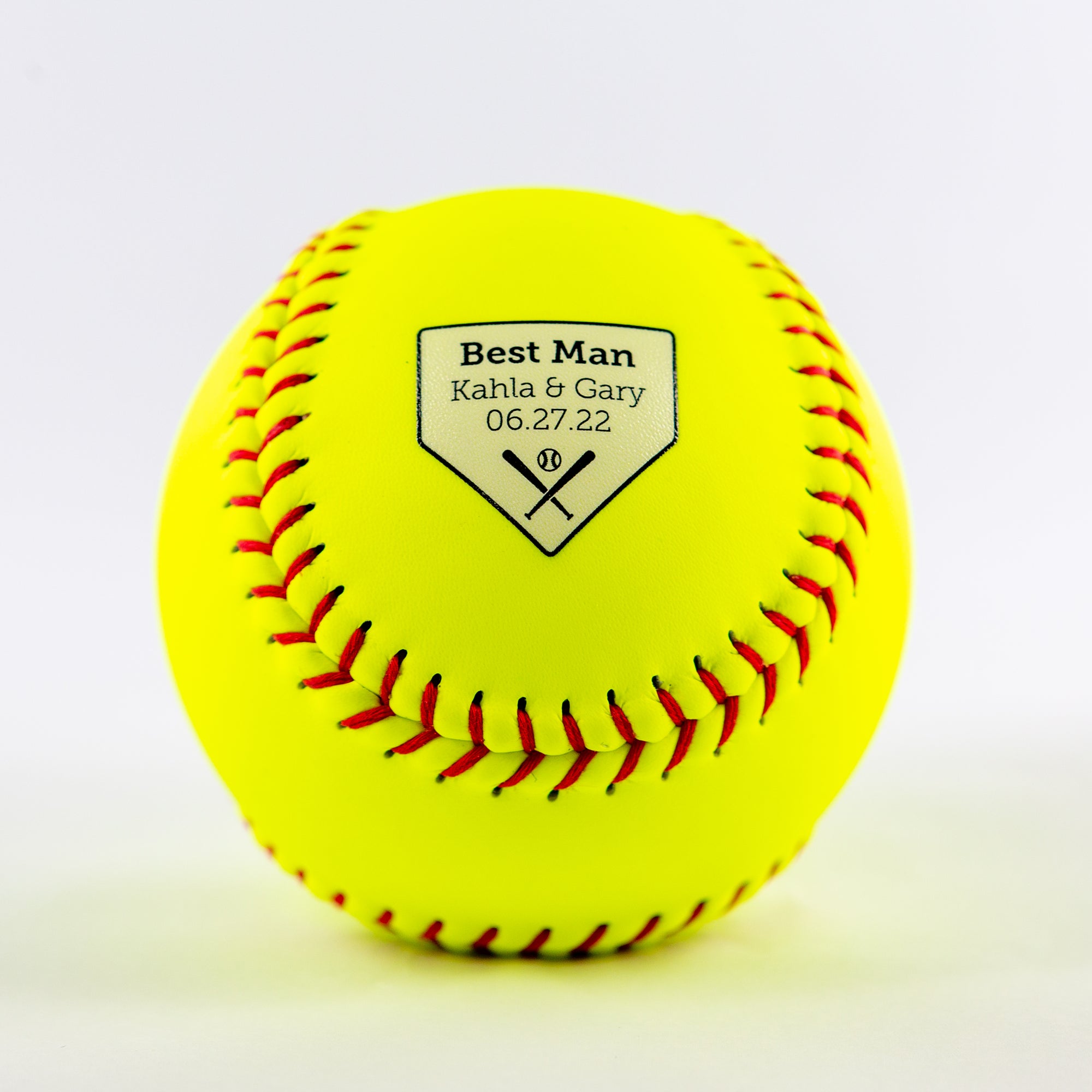 Printed Softball with Home Plate with Couple Names, Wedding Party Role, Wedding Date Design