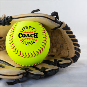 Printed Softball in Glove with Best Coach Ever Design