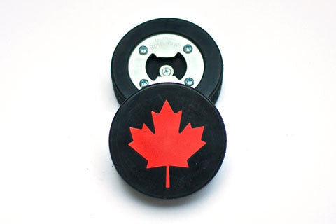 Hockey Puck Bottle Opener - Canada Maple Leaf