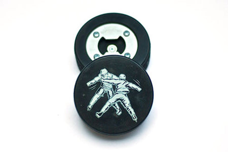 Hockey Puck Bottle Opener - FIGHTING HOCKEY PLAYERS