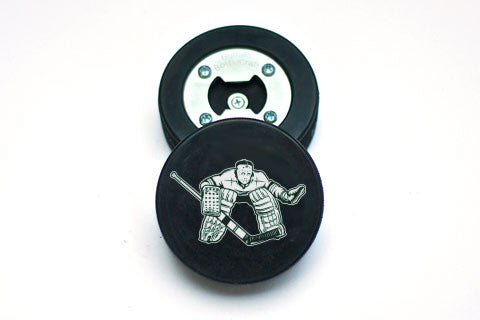 Hockey Puck Bottle Opener - Old School Goalie